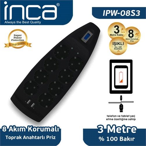 INCA IPW-08S3 8Lİ AKIM KORUMALI ÇİFT USB GİRİŞLİ 